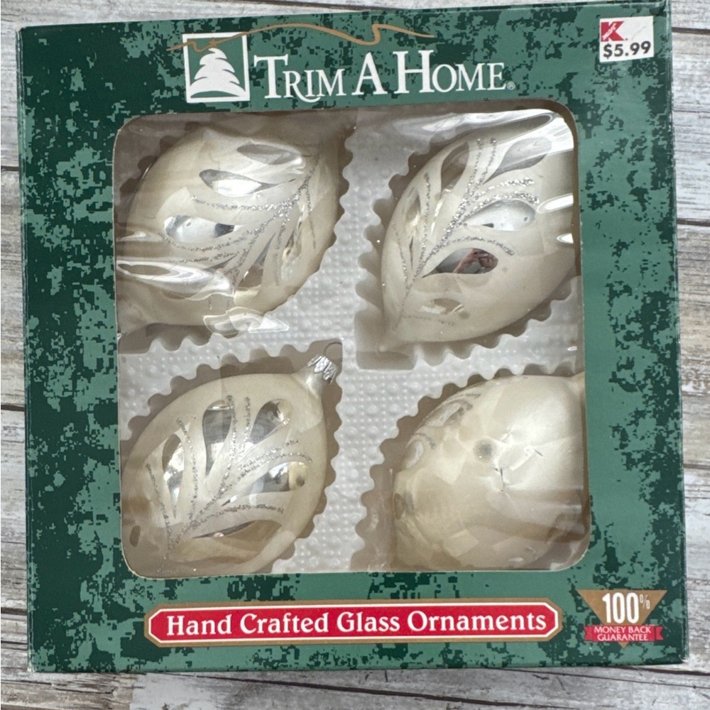 Vintage Glass Hand Crafted White & Silver Leaf Christmas Tree Ornaments